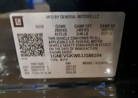 2018 Chevrolet Traverse Lt from USA, damaged, VIN 1GNEVGKW0JJ188104